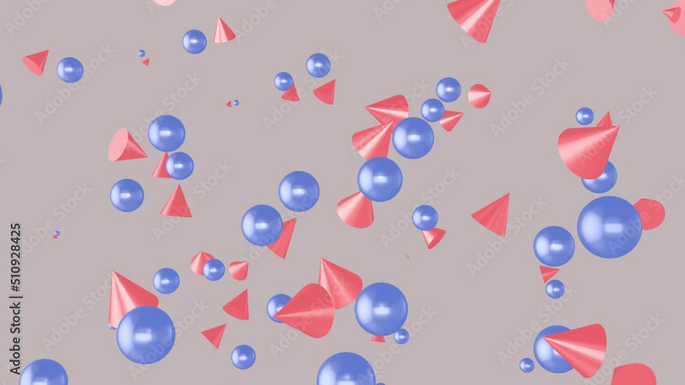 Poster 3d animation of blue balls and red cones flying and rotating on gray background. computer graphics a
