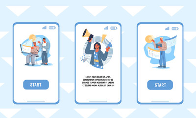 Business onboarding app screens kit, flat vector illustration. Partnership and business, finance and banking concept of UI for mobile app start page.