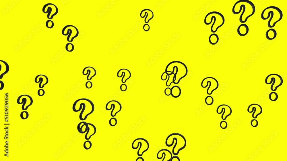 Poster 3d render animation of black question marks flying and rotating on yellow background. computer graph