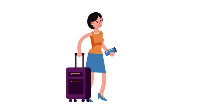 Cartoon woman passenger with luggage. Passenger with suitcases. Looped animation