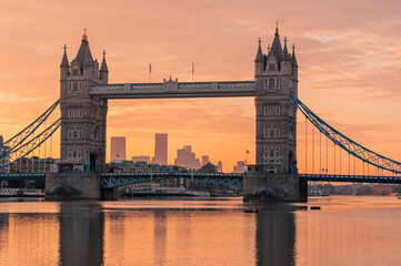 The iconic historical Tower Bridge in London at dusk