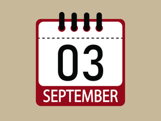 Calendar icon 3 september. Vector illustration of calendar.