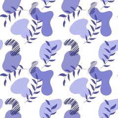Seamless pattern with blue leaf twigs, small leaves, abstract figures on a white background. Nature, plants, foliage. Botanical illustration for fabrics, dresses, interiors