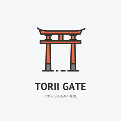 Japanese Traditional Torii Gate Sign Thin Line Icon Emblem Concept. Vector
