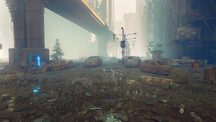 3D Post apocalyptic background image of fogey city with abandoned and destroyed buildings, cracked road, cars and sign.3D rendering