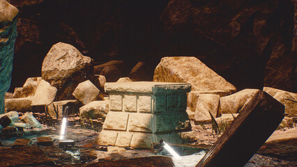 Amazing sunrise at stone podium in cave with water and lights. product display High quality 3d illustration. Fantasy landscape cave abstract.