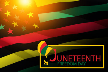Waving Alternative Juneteenth Flag with Flare and text. Since 1865. Design of Banner. Black history...