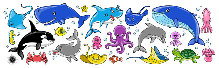 Set of sea animals isolated on a white background. Children's vector illustrations of animal ocean.