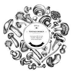 Round design with black and white oyster mushroom, champignon, honey agaric, etc.