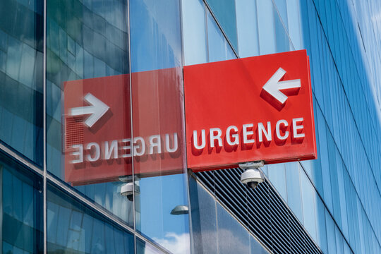 Urgence (Emergency in french) sign on the facade of a hospital in Montreal