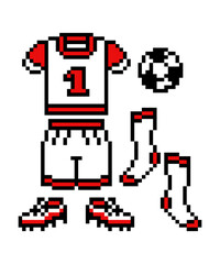 Pixel art soccer player costume (shirt, shorts), boots, socks, ball. Set of 8 bit football equipment icons isolated on white background. Old school retro 80's-90's slot machine, video game graphics.