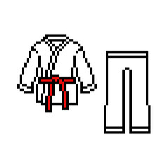 Pixel art karate costume (kimono and pants) isolated on white background. Set of 8 bit martial arts uniform. Old school retro 80's- 90's slot machine, computer, video game graphics. Sensei clothes.