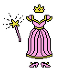 Pixel art princess costume (pink dress, gold crown, high-heels, magic stick) on white background. Set of 8 bit girly outfit icons. Old school retro 80's- 90's slot machine, video game graphics.