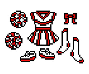 Pixel art cheerleader costume (dress, pom-poms, ribbon bow hair pin, socks, shoes) isolated on white background. 8 bit sport team support equipment. Retro 80's- 90's slot machine, video game graphics.