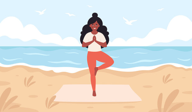 Black woman doing yoga on beach. Hello summer, summer leisure, vacation. Healthy lifestyle, self care, yoga, meditation. Hand drawn vector illustration