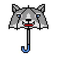 Pixel art kids' wolf shape umbrella icon isolated on white background. Funny animal childrens' parasol. Rainy weather accessory. Vintage retro 80's-90's slot machine, 2d video game graphics.