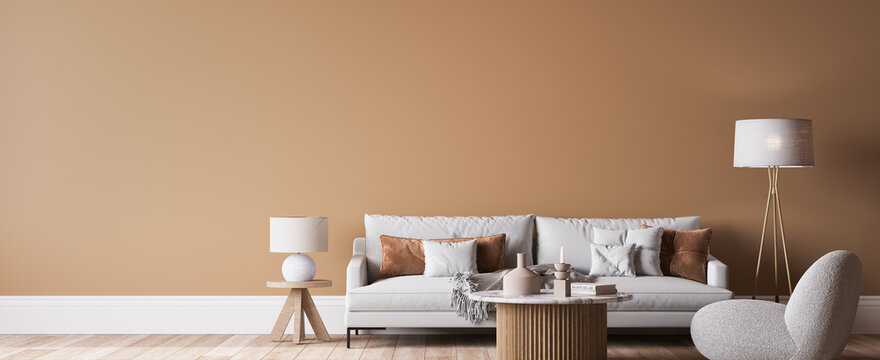 White sofa in beige interior background, minimal wooden style, panorama, 3d render
