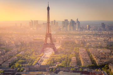 Eiffel tower and La Defense at golden sunset from above – Paris, France