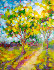 Fototapeta na wymiar Sunny forest wood trees Original oil painting