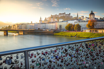 Salzburg from chains bridge at golden sunrise – Austria