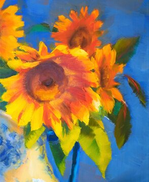 Bouquet of Sunflowers in vase impressionism oil painting