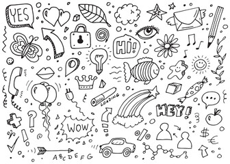 Set of different doodles, vector hand drawing on white paper
