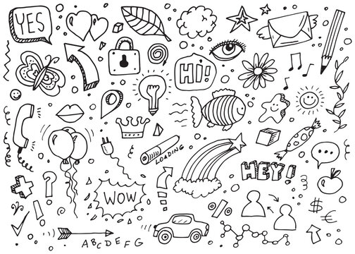 Set of different doodles, vector hand drawing on white paper

