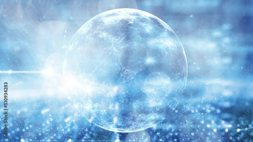 Poster Shining bright blue digital data sphere technology and concept artificial intelligence science copy space animation background.