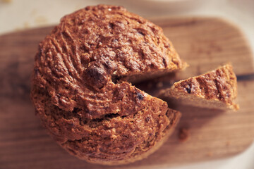 Diet dessert - Banana cake without milk, gluten-free, egg-free. Close-up, top view, cut off part of the pie. High quality photo