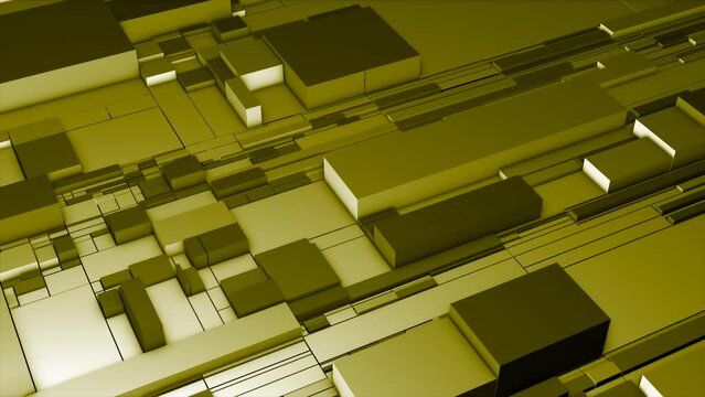 Abstract visualization of many containers of different size. Motion. Golden and silver slowly moving boxes.