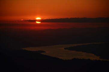 beautiful sunset over lake zurich. Photo from the Bockmattli mountain. Breathtaking evening atmosphere. Wanderlust