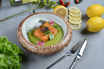 Dish of salmon fillet Alya Parmeggiano with mashed potatoes in a round plate against the background of a gray table