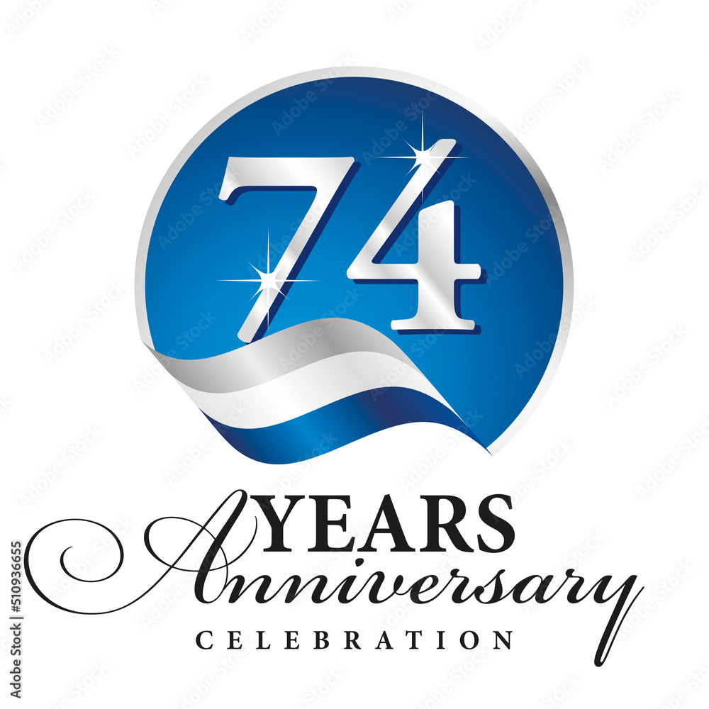 Wall mural anniversary 74 years celebration logo silver white blue ribbon background