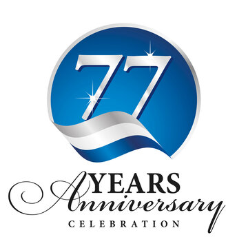 Anniversary 77 years celebration logo silver white blue ribbon background