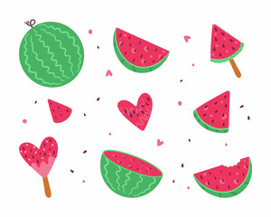 A set of watermelon vector icons. Cartoon watermelon with a red slice, half, whole striped, heart, ice cream on a white background. Cute flat summer fresh fruit.