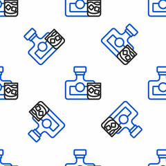 Line Whiskey bottle and glass icon isolated seamless pattern on white background. Colorful outline concept. Vector