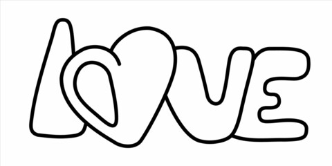 Vector isolated black outline word love plump letters and heart instead of o letter. 