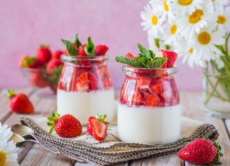 Dessert, creamy panna cotta with fresh strawberries in glass jars on a light wooden background. Dessert recipes without baking.