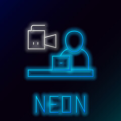 Glowing neon line Breaking news icon isolated on black background. News on television. News anchor broadcasting. Mass media. Evening news. Colorful outline concept. Vector