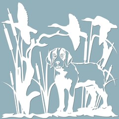 Vector illustration. A dog on a duck hunt. Wildlife. Vector isolated illustration for laser cutting. Tattoo. Logo