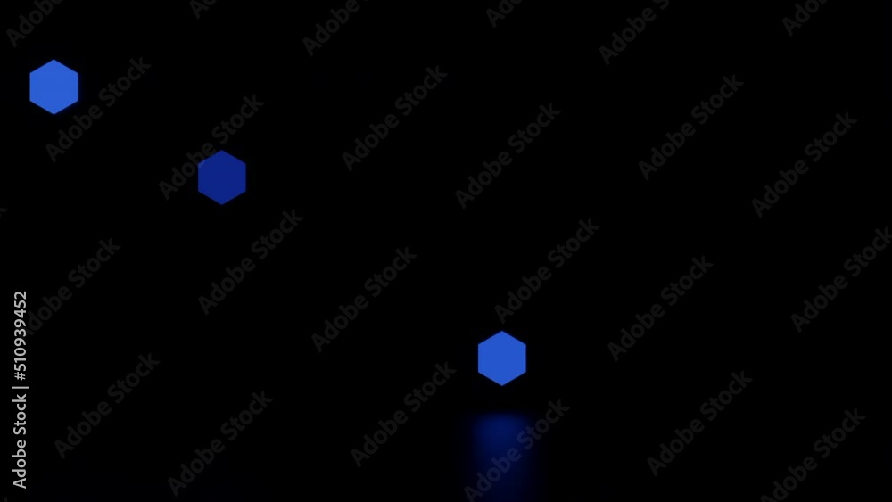 Poster background of flashing hexagons. design. glowing hexagons with reflection on surface of black backgr