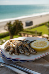 Sardines espeto prepared on skewers and open flame on fireplace with olive trees wood, served outdoor and view on blue sea, Malaga, Andalusia, Spain