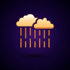 Gold Cloud with rain icon isolated on black background. Rain cloud precipitation with rain drops. Vector