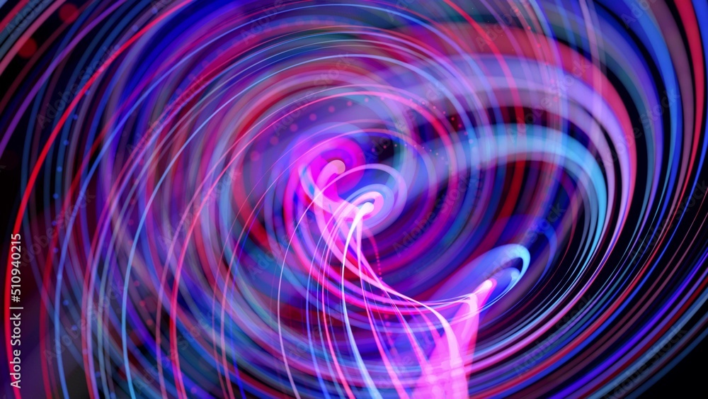 Poster abstract background with light trails, stream of red blue neon lines in space form spiral shapes. mo