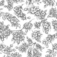 Floral seamless pattern. Flowers background drawn in vintage engraving style. Vector illustration