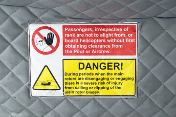 Internal safety signs in the cargo bay of a Chinook combat helicopter