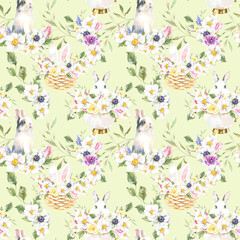 Fototapeta na wymiar Watercolor green cute bunny seamless pattern, spring flora background. Farm animals pattern for kids wallpaper, autumn pattern, digital paper, repeating background,bunny illustration pattern for kids