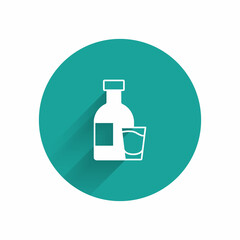 White Bottle of vodka with glass icon isolated with long shadow. Green circle button. Vector