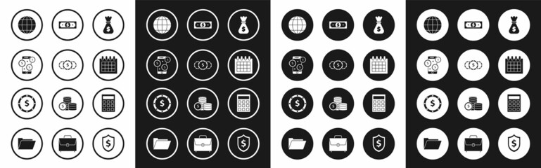Set Money bag, Coin money with dollar symbol, Smartphone, Earth globe, Calendar, Stacks paper cash, Calculator and icon. Vector