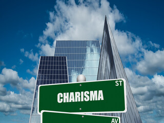 Street sign with the word Charisma on downtown financial district background.